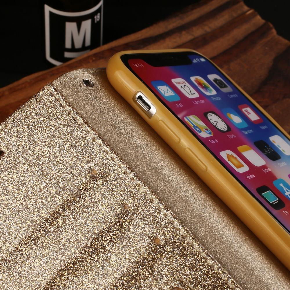 Custodia a Portafoglio Magnetica con Strass Diamante Cuore d'Amore per iPhone 17 16 15 14 13 12 XR XS 11 Pro Max Custodia Flip Pelle Glitter