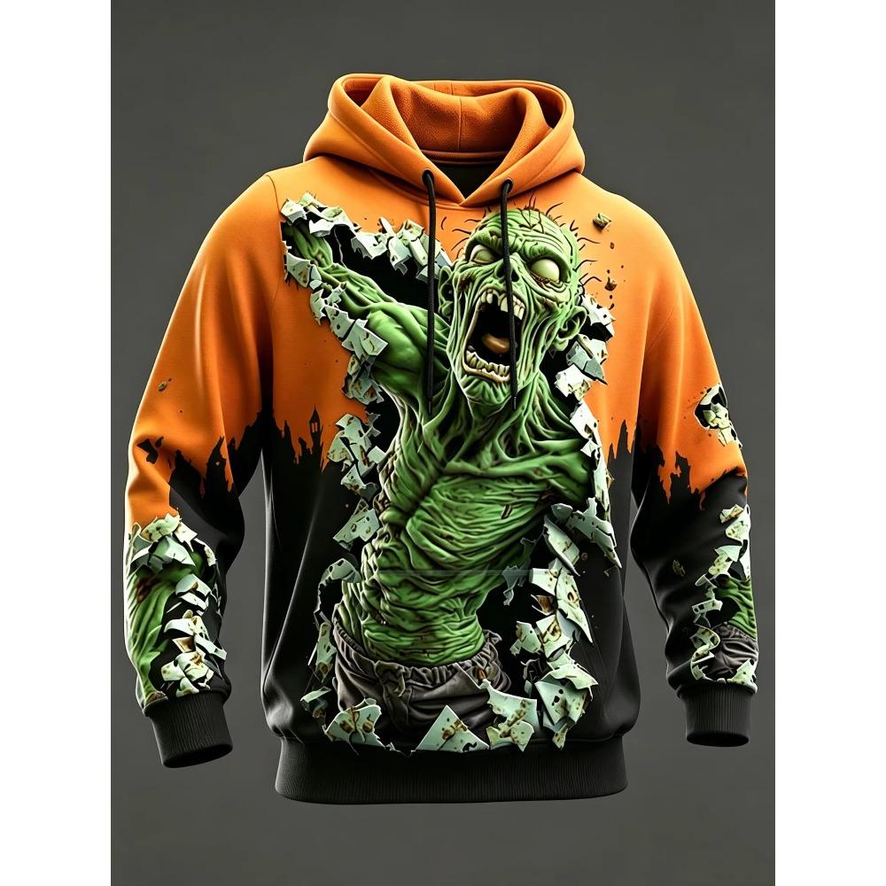 Women Unisex 3D Print Hoodie Break Through Wall Zombie 3D Pattern Pullover Long Sleeve Kangaroo Pocket Halloween Sweatshirt