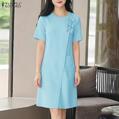 Women Bows Splice Summer Casual Round Neck Short Sleeve Dress