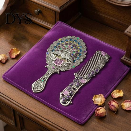 Vintage Peacock Hair Comb Mirror Set, Embossed & Handheld Rhinestone Makeup Mirror, Hand with for Women Retro Carved