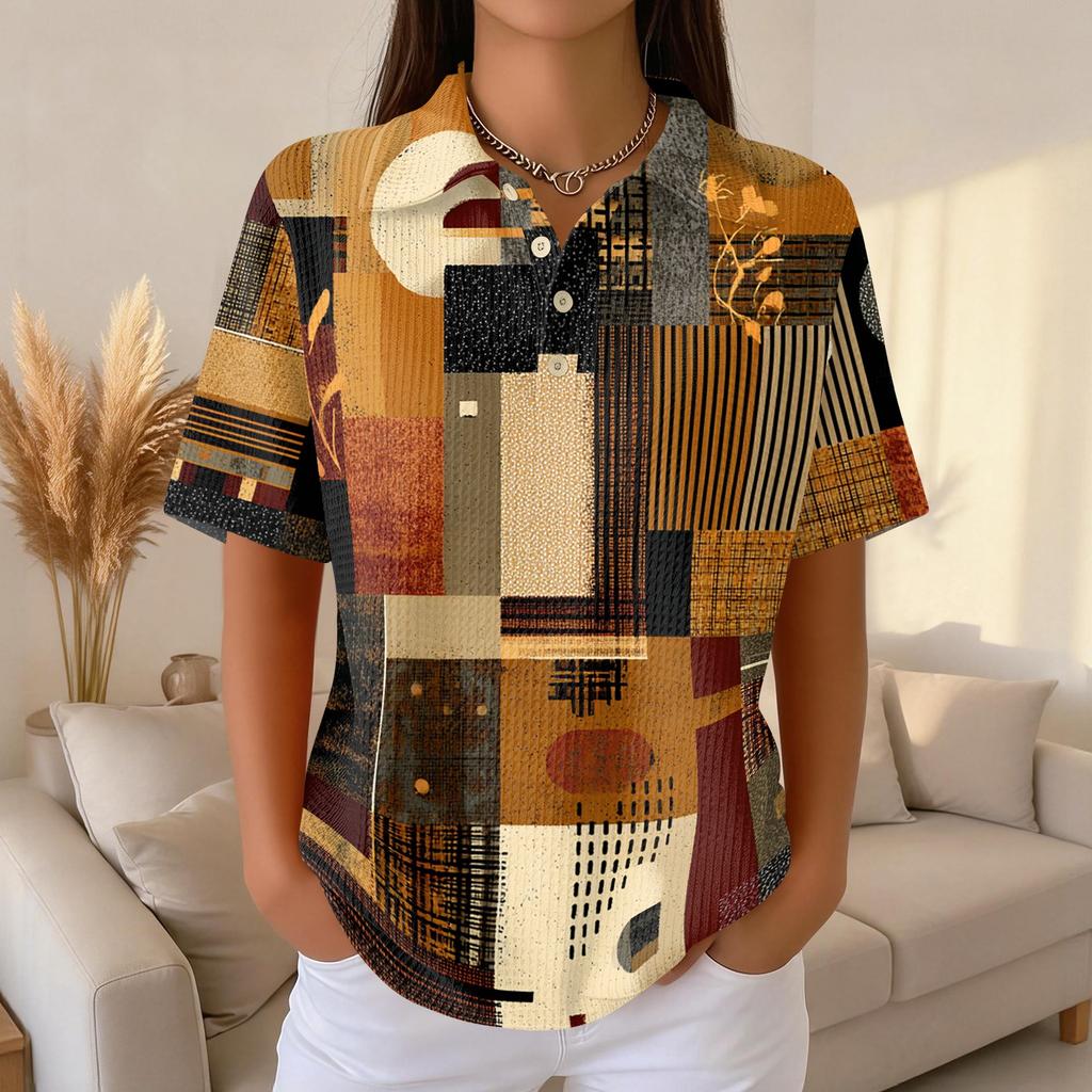 Women's Casual Short Sleeve Waffle Knit Polo Shirt Vintage Floral Print Button Down Collared Top Lightweight Breathable Fabric