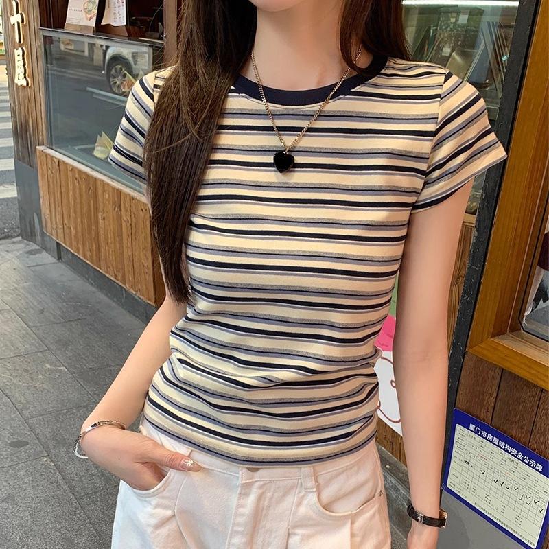 Women Casual Striped Slim Fit T Shirt Short Sleeve Tee with Round Neck Straight Shoulder Bottoming Tops