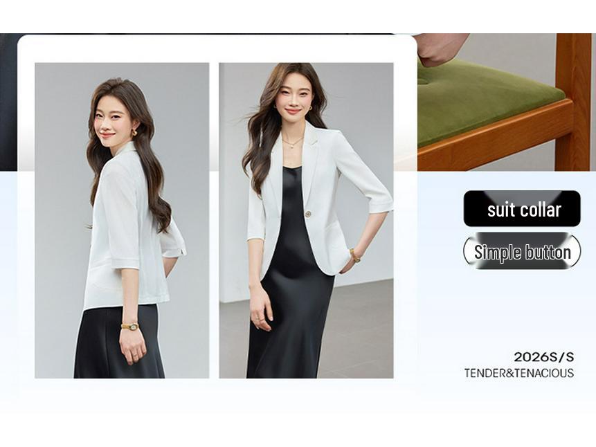 White Women's Casual Slim-Fit Blazer with Mid-Sleeves