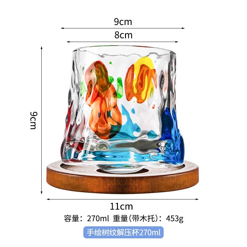 Spinning Colorful Whiskey Glass with Wooden Base Hand Painted Rotating Design for Stress Relief Fun Bar Decor Gift
