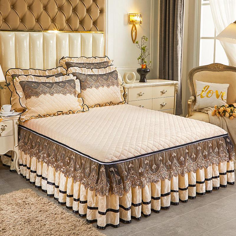 

3 шт. Роскошный комплект постельного белья, однотонный, приятный для кожи, стеганый, с кружевным ремешком, модный и эстетичный, влагопоглощающий, дышащий 2m bed skirt 3pcs set