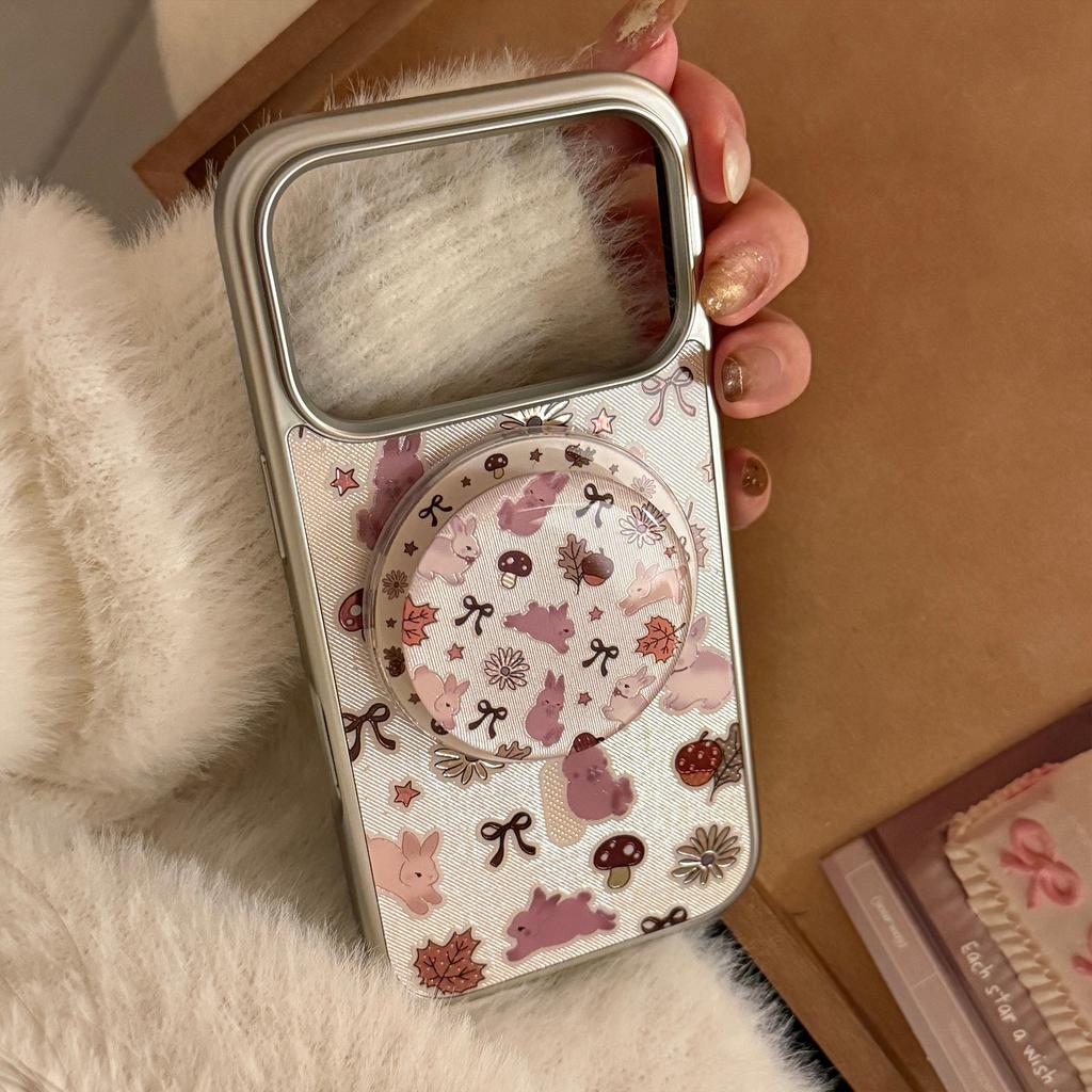 Silver-edged gilded bunny iPhone 17 Pro Max phone case with magnetic stand for iPhone 16, compatible with Huawei P70