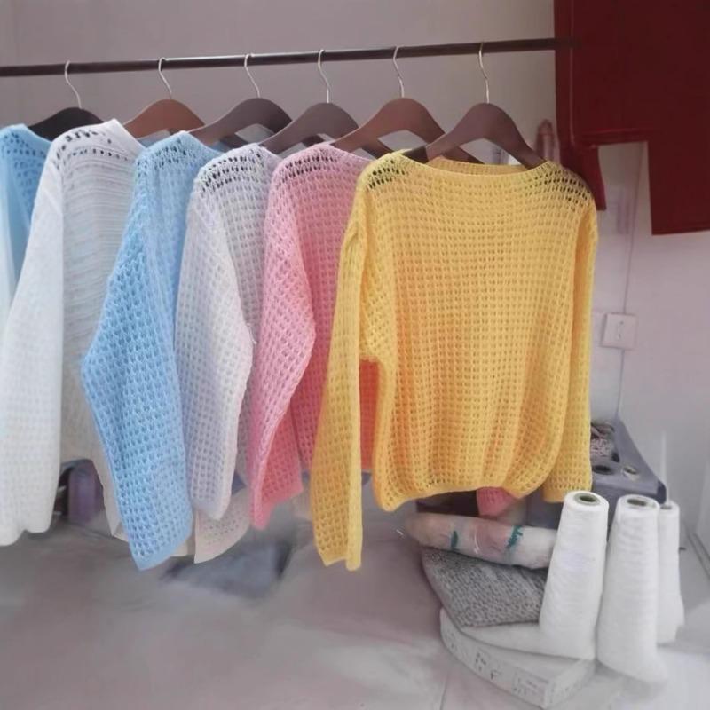 Spring and summer new hollow thin crew neck knitted sweater top loose lazy wind sunscreen blouse pullover woman
