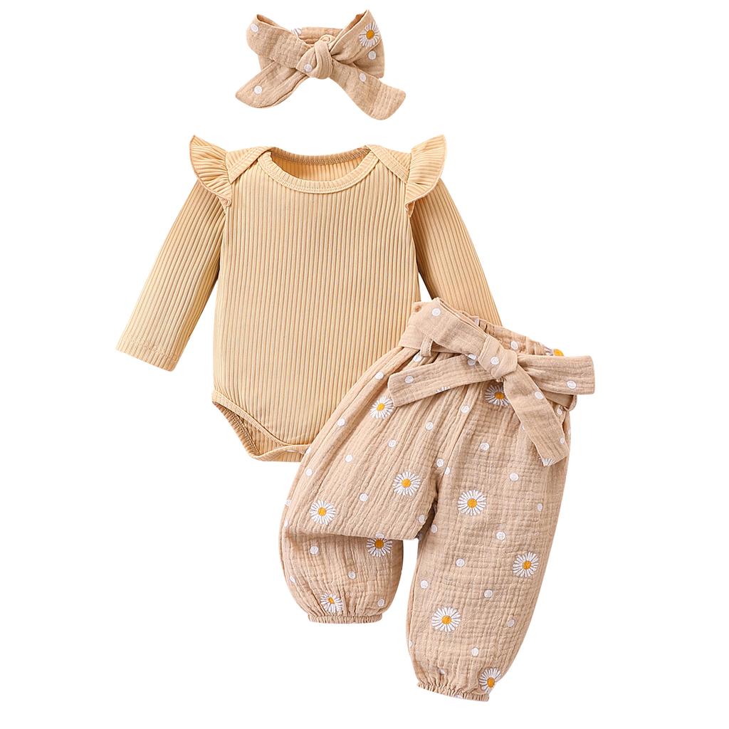Herbst-Outfits für Babys, Mädchen, einfarbig, gerippter Langarm-Strampler mit Hose mit Gänseblümchenmuster, Gürtel und Stirnband, 4-teiliges Set
