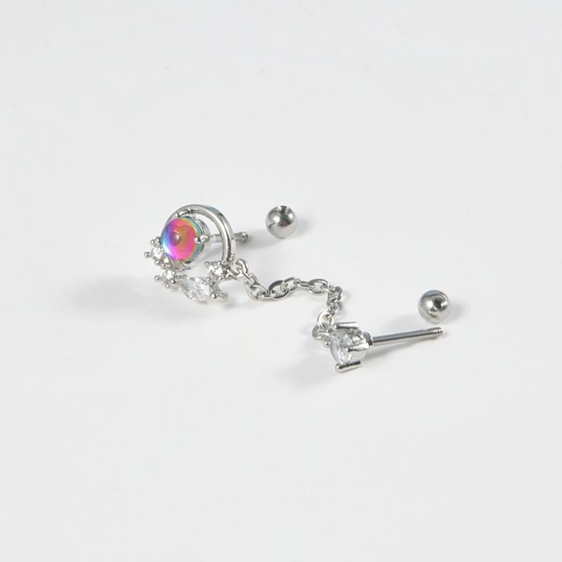 Colorful Zircon Tragus Helix Ear Lobe Stud Chain Link Earring Women Drop Ear Ring Fashion Jewelry for Daily Wear