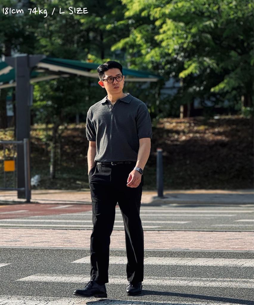 CUZNELLO Cool Cotton Open Collar Short Sleeve Knit_Charcoal