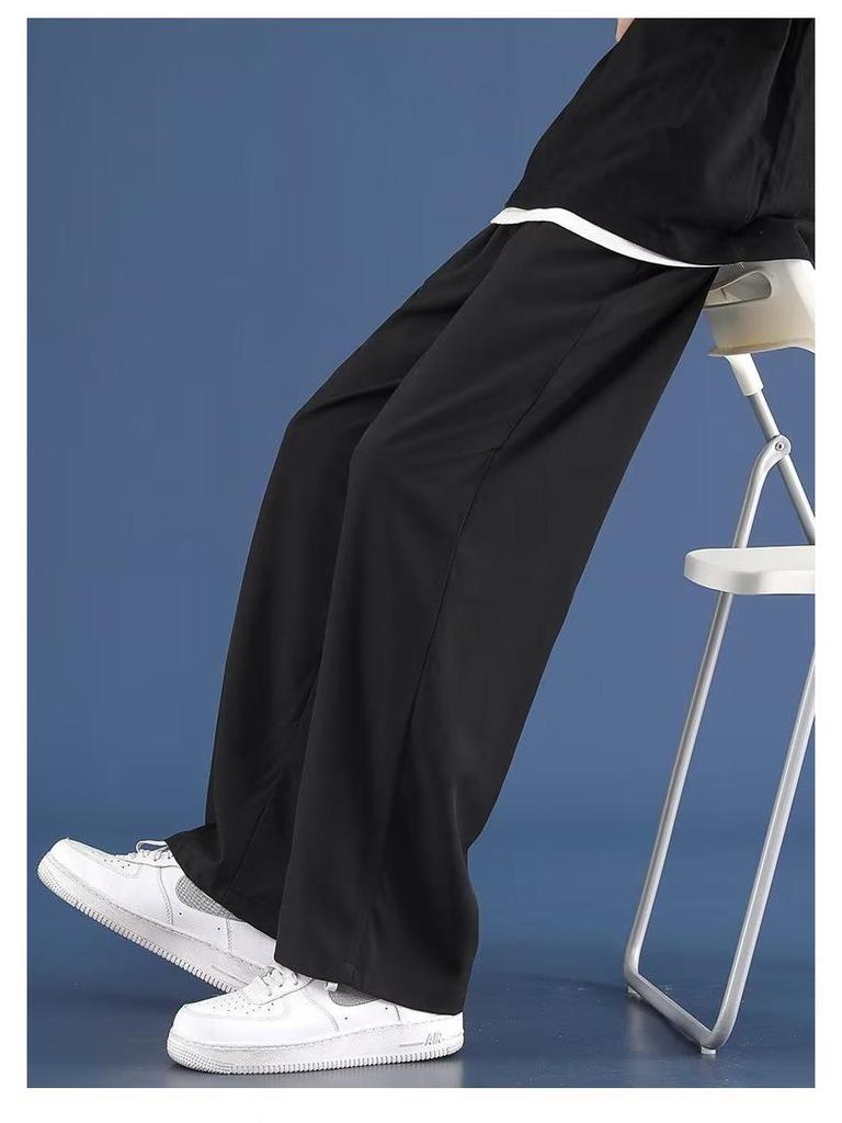 Men's Summer Ice Silk Wide-Leg Pants – Solid Color, Loose Fit, Plus Size, Straight Leg, Hong Kong Style