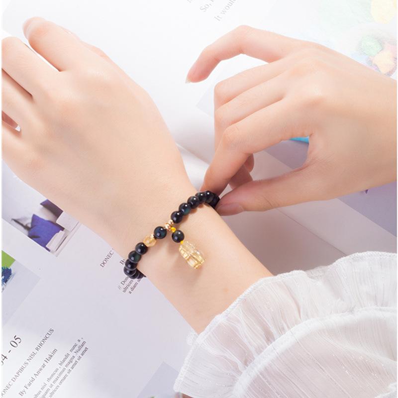 Obsidian Pixiu Crystal Bracelet for Women, Natural Golden Rutilated Quartz, Niche Design, Internet Celebrity Simple Minimalist Style Gift