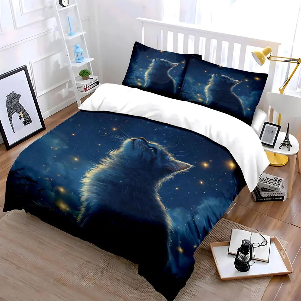 "Starry Night Cat Decor Set" Soft Comfortable Duvet Cover Bedding Set Included 1*Duvet Cover & 2*Pillowcases Gift