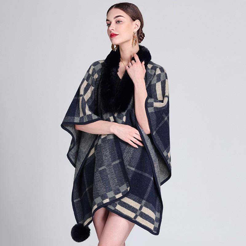 920 Womens Faux Rabbit Fur Collar Knit Cape Cardigan Loose Fit Plaid Winter Coat