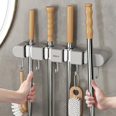 Besen- und Mopphalter zur Wandmontage, Mopp-Besen-Organizer mit 4 Gestellen und 5 Haken, Mop-Aufhänger, Besenaufbewahrung, Werkzeugständer, Gartenwerkzeug-Organizer