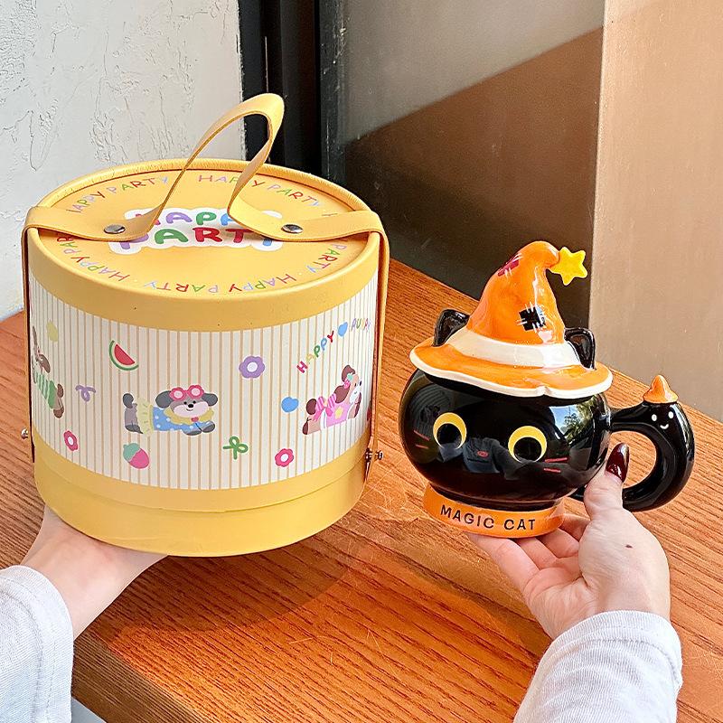 Creative Halloween gift magic hat cat ceramic mug with lid for girls practical mug souvenir gift box