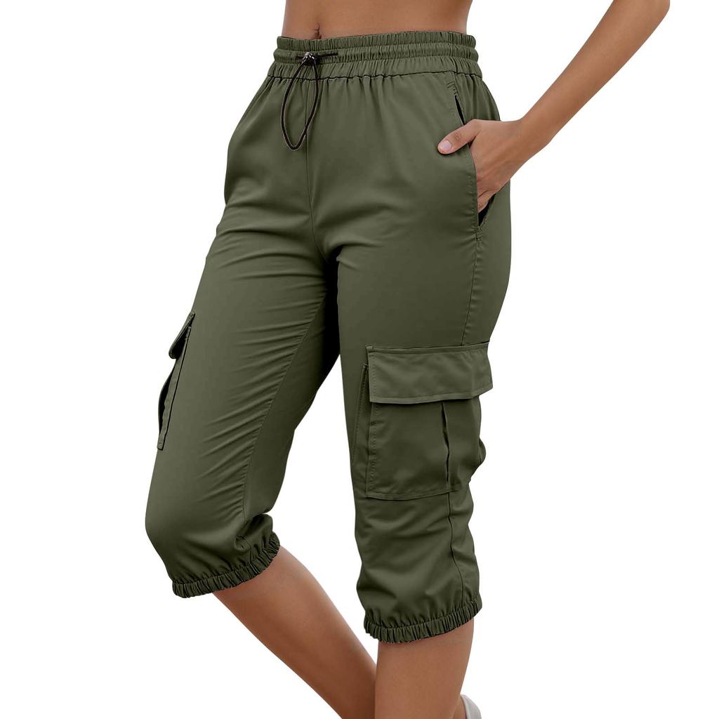Damen High Waist Cargo Jogginghose Caprihose Elastischer Bund Kordelzug Verstellbare Länge Leichte Freizeithose mit Taschen