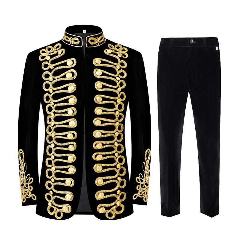 Men's Retro European Velvet Military Jacket with Gold Embroidery