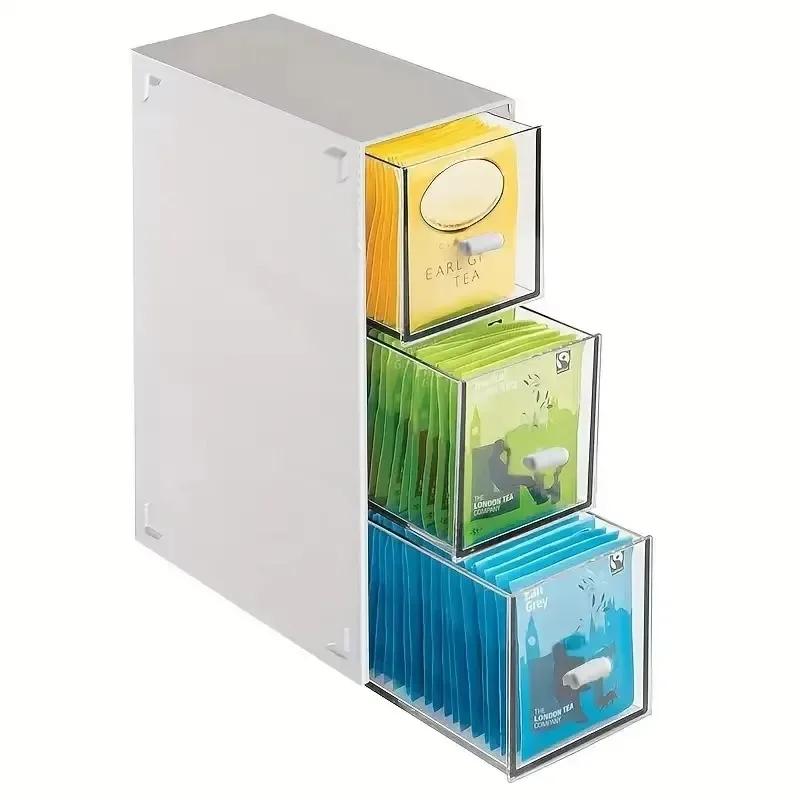 1PC Desktop Transparent Drawer Stackable Organizer Cosmetic Coffee Tea Bag Stationery Organizer Storage Boxes