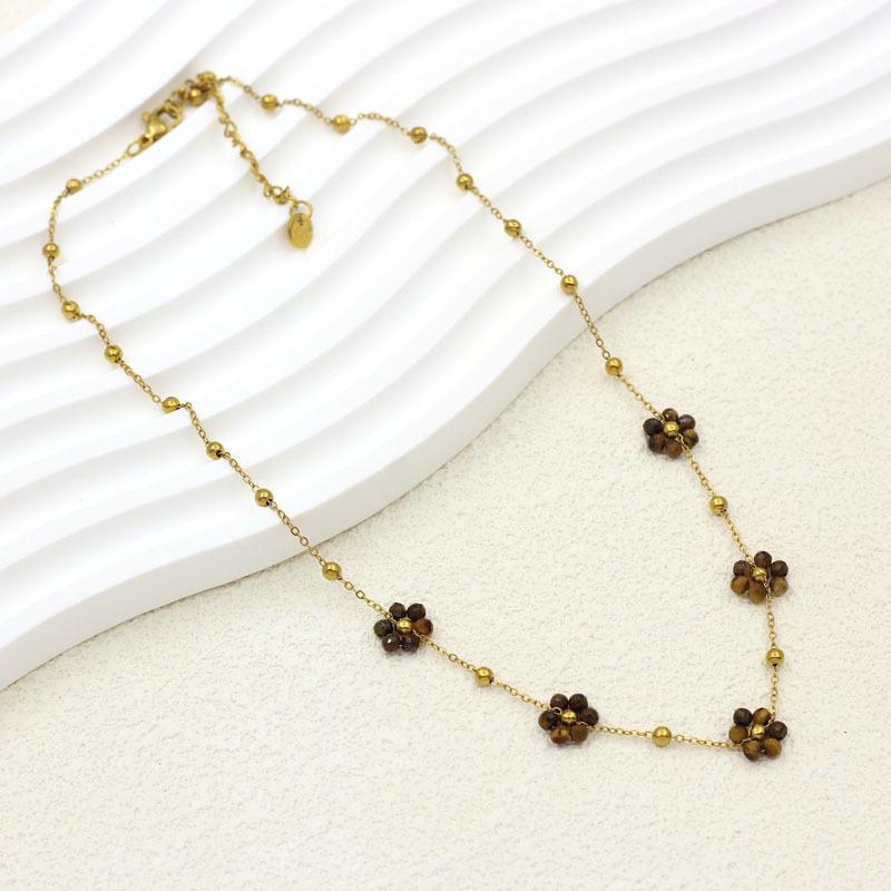 Stainless Steel and Natural Stone Gemstone Beaded Flower Necklace for Women