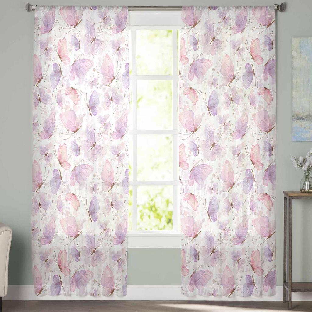 Butterfly Watercolor Minimalist Tulle Window Curtains for Bedroom Luxury Home Decor Drapes in Living Room Chiffon Panels
