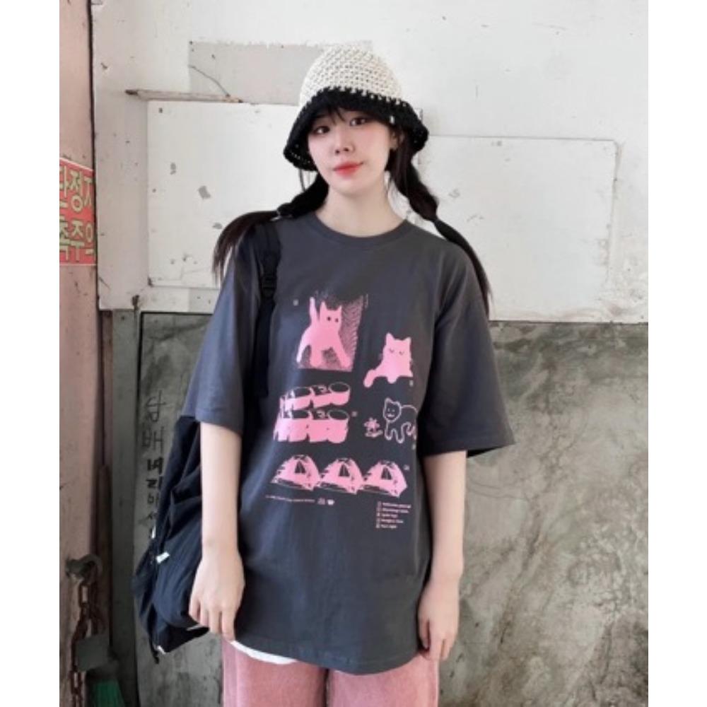 Summer American-style children's short-sleeve T-shirt with cute cat print, crew neck loose top with fun design