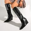 Fashion Fashion Wedge High Heels Long Boots Women Plus Size Pu Leather Knee High Botas Mujer Sexy Punk Black Pointed Toe Boots Woman