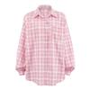 Womens Oversized Pink Plaid Shirt Loose Long Sleeve Button-Up Top Casual Streetwear