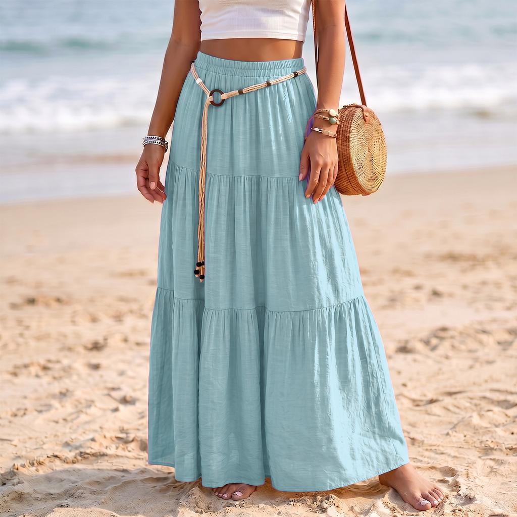 Gonna Maxi da Donna Casual a Vita Elastica, con Volant, Leggera in Cotone e Lino, Lunga, per Vacanze e Mare, Design a Linea A
