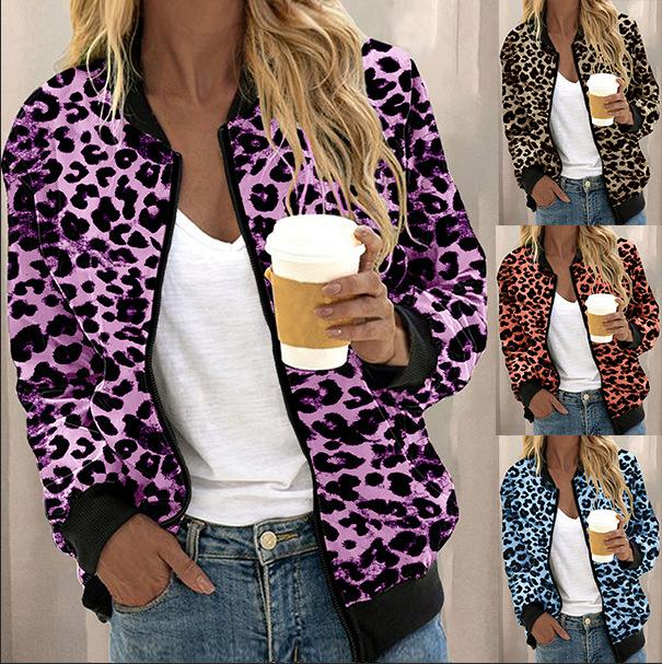 Autumn new European and American leopard print stand-up neck zipper cardigan jacket