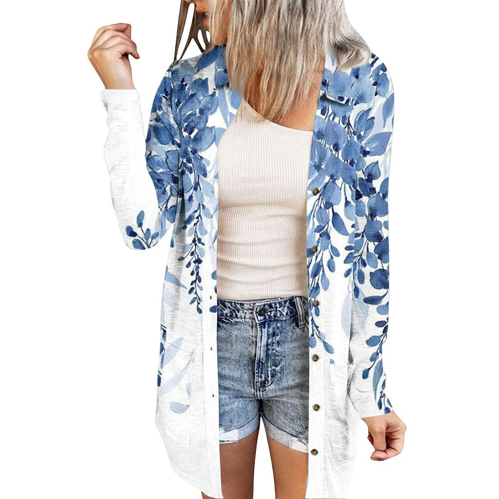 Women's Casual Fashion Floral Print Long Sleeve Mid-Length Cardigan Jacket