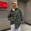 Checkered Shirt Women's Retro Double Pocket Checkered Striped Mid Length Shirt