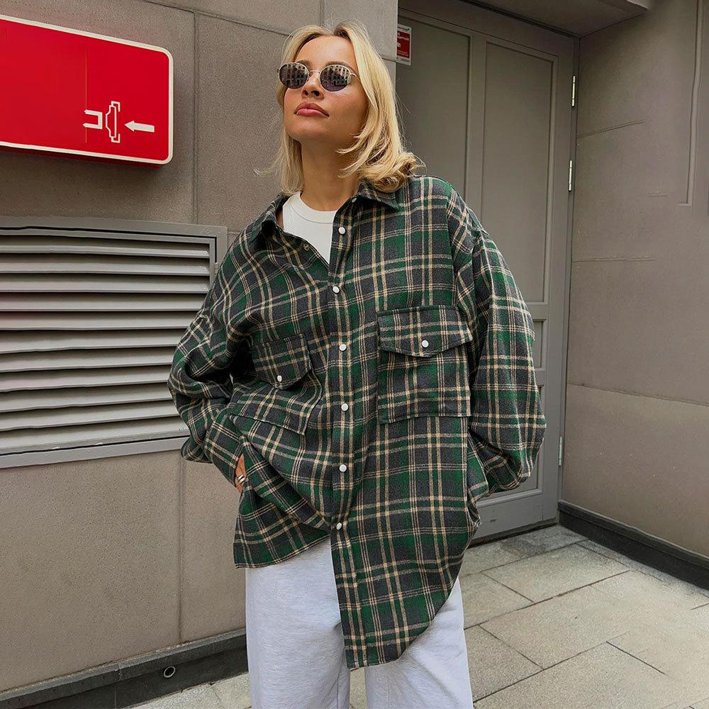 Checkered Shirt Women's Retro Double Pocket Checkered Striped Mid Length Shirt