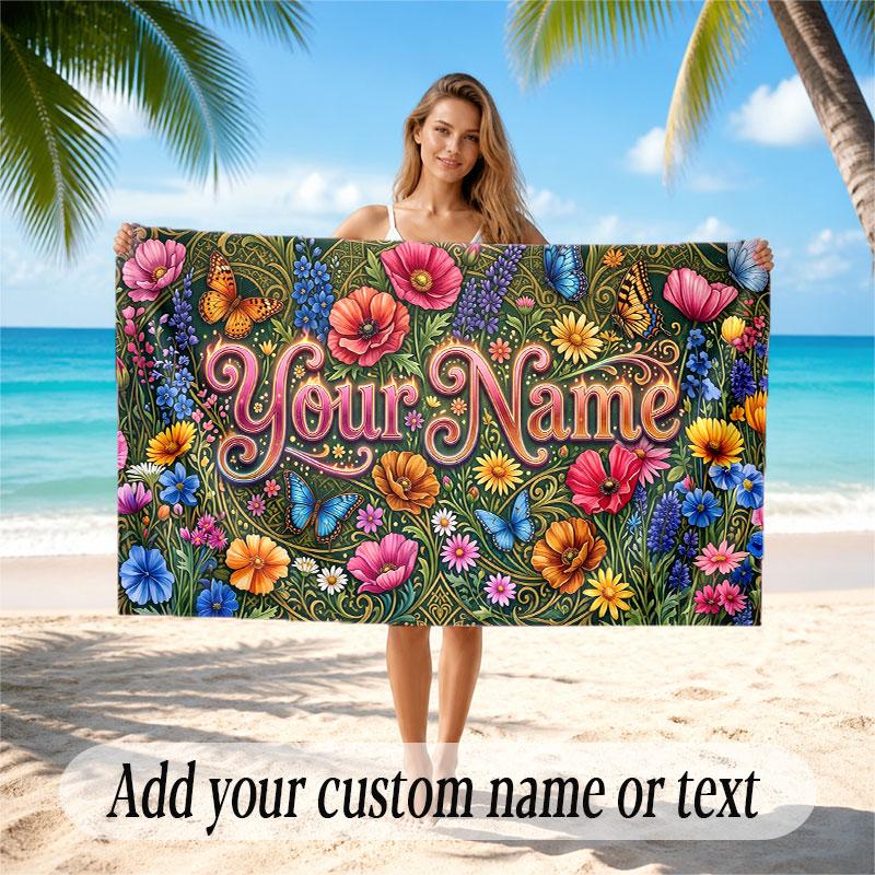 Floral Garden Theme Soft Beach Towel Personalized Custom Name Text Towel Portable for Beach Pool Travel
