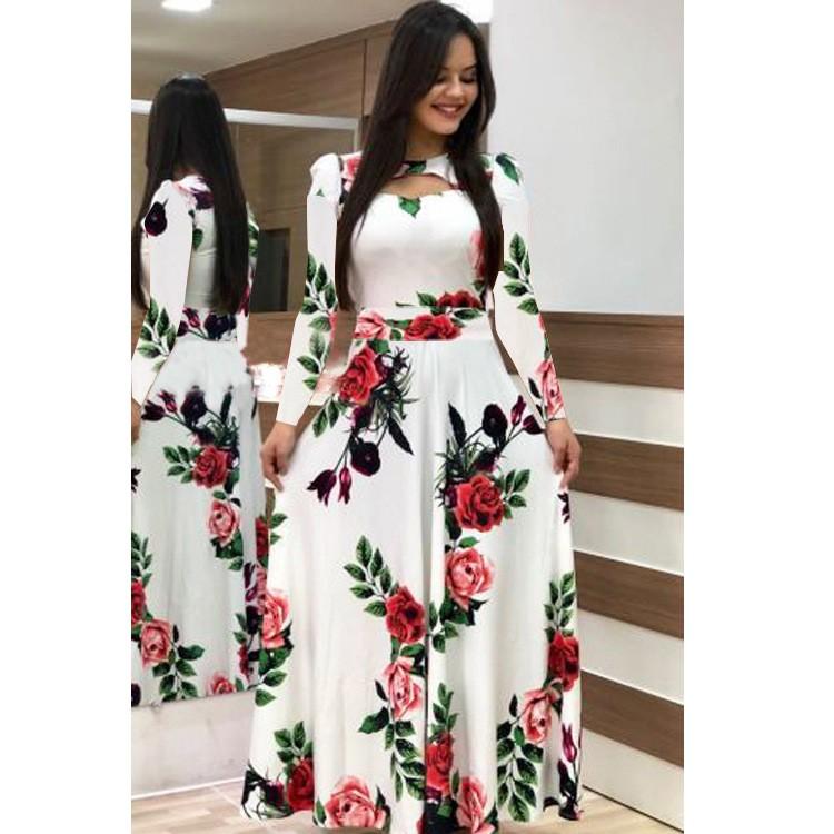 Women's Fashion Casual Bohemian Print Long-sleeved Pocket Dress Long Skirt