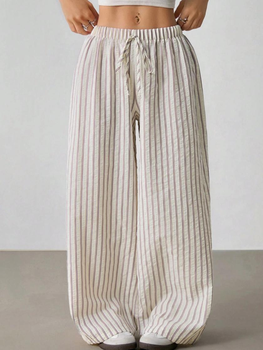 Women s Mid Rise Striped Wide Leg Pants Loose Fit Drawstring Elastic Waist Casual Trousers XS