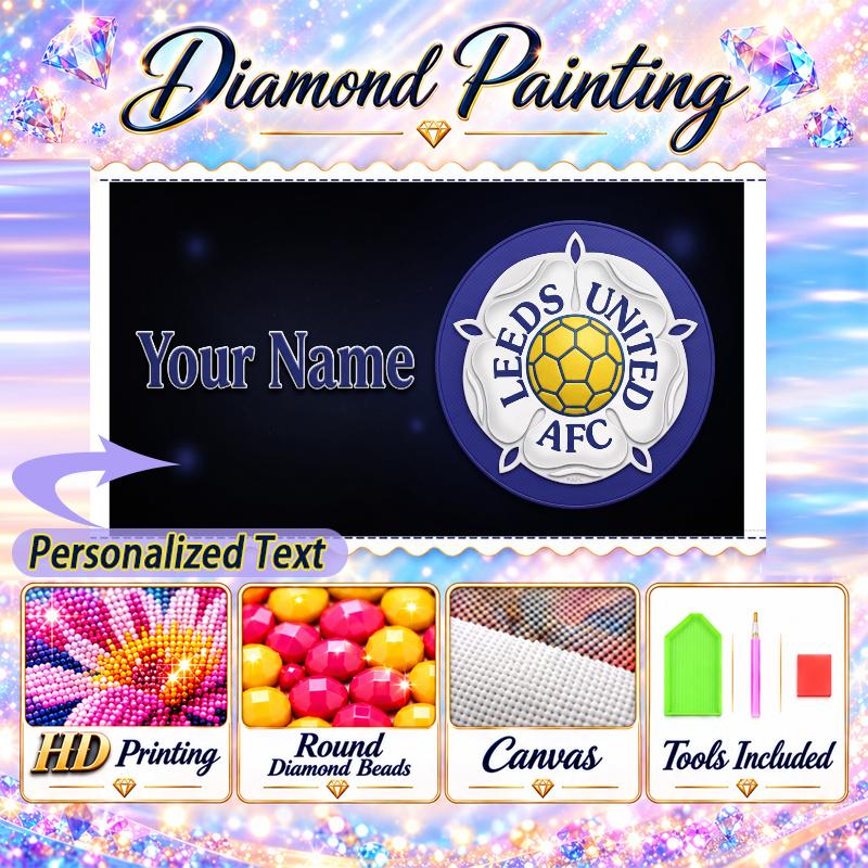 Leeds United FC 5D DIY Diamond Painting Custom Name Text, Full Drill Rhinestone Mosaic Art Home Gift