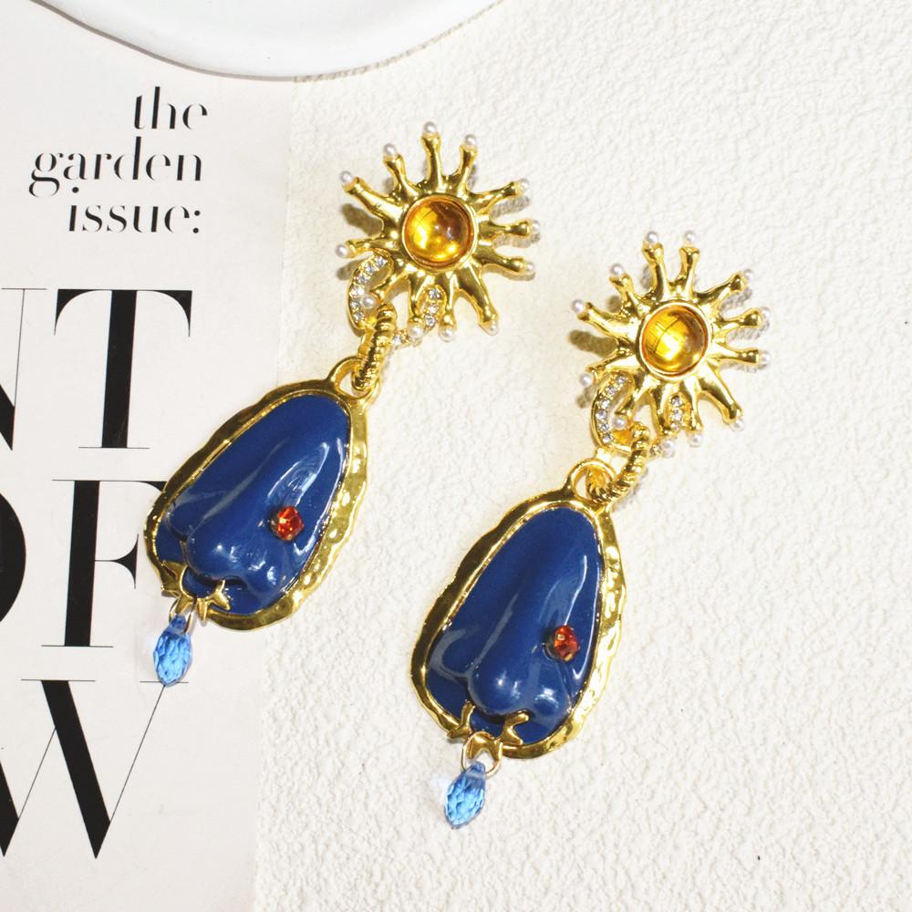 Exaggerated Blue Stone Water Drop Dangle Earrings for Women Jewelry Baroque Style Party Show Statement Earrings Accessories