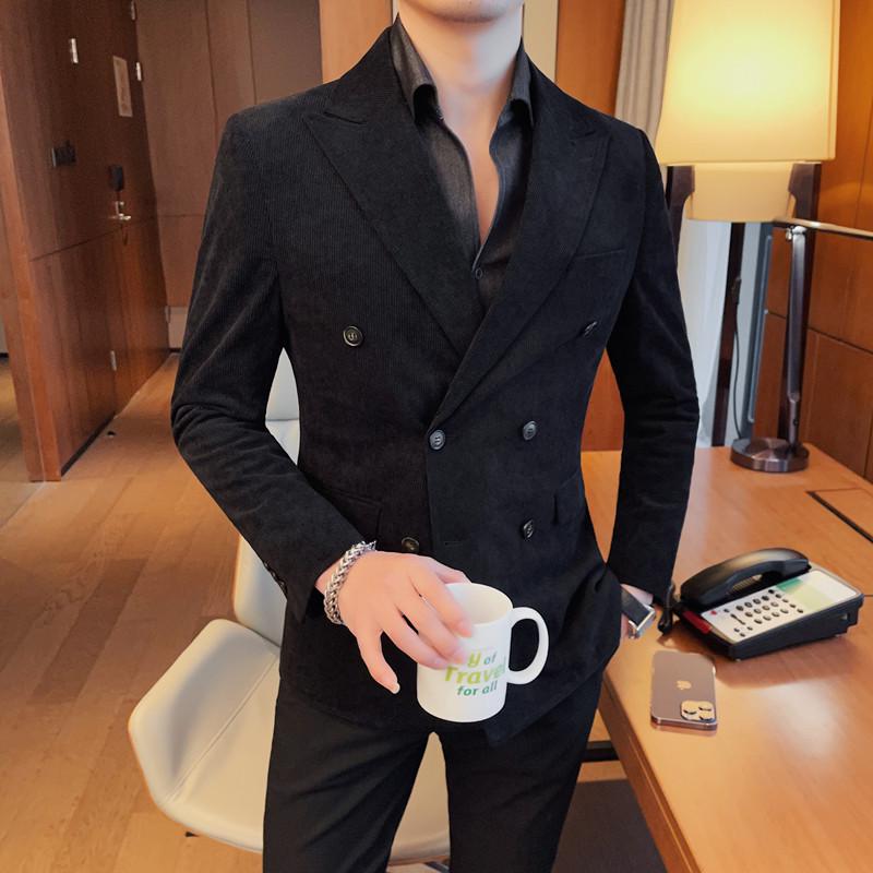 Men s Slim Fit Double-Breasted Corduroy Blazer 3XL чёрный