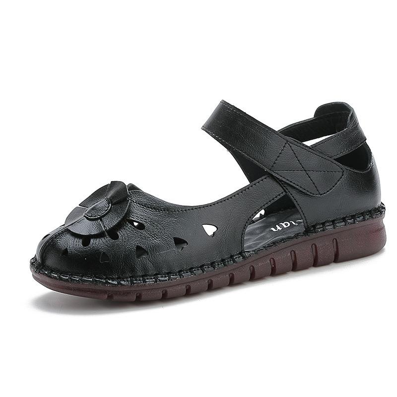 Summer new first-layer cowhide flat-soled women's shoes casual leather women's sandals comfortable and breathable hole shoes