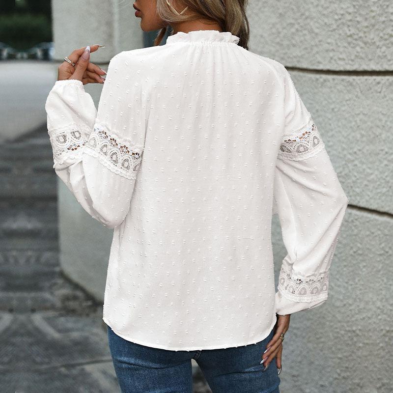 2026 New Autumn Elegant Jacquard Lace Hollow Top Ladies Lace White Shirt
