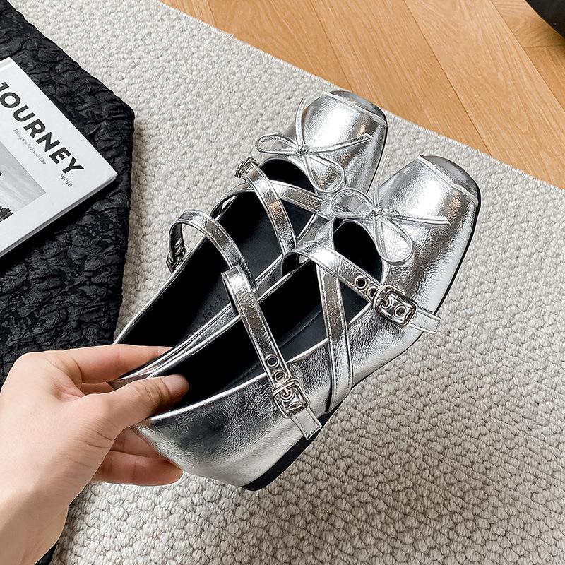 Square Head Bow Belt Buckle Silver Mary Jane Shoes Single Shoes Soft-soled Ballet Shoes 34 серебряный