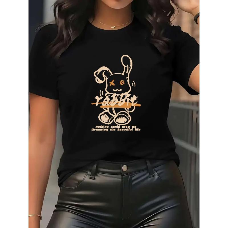 Women s Cute Rabbit Print Short Sleeve Sports Tee Comfortable Crew Neck Medium Stretch Machine Washable Casual All Season Family Daily Wear Top S