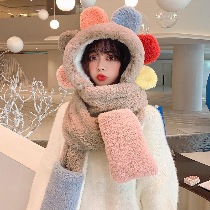 Warm Hooded Plush Scarf Gloves 