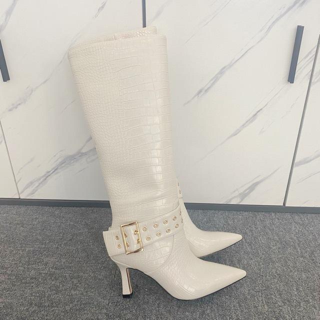 Fashion New Beige Belt Buckle Rivet Decoration Knee High Boots European American Fashion Women's Zipper High Heel Long Boots Size 36-41