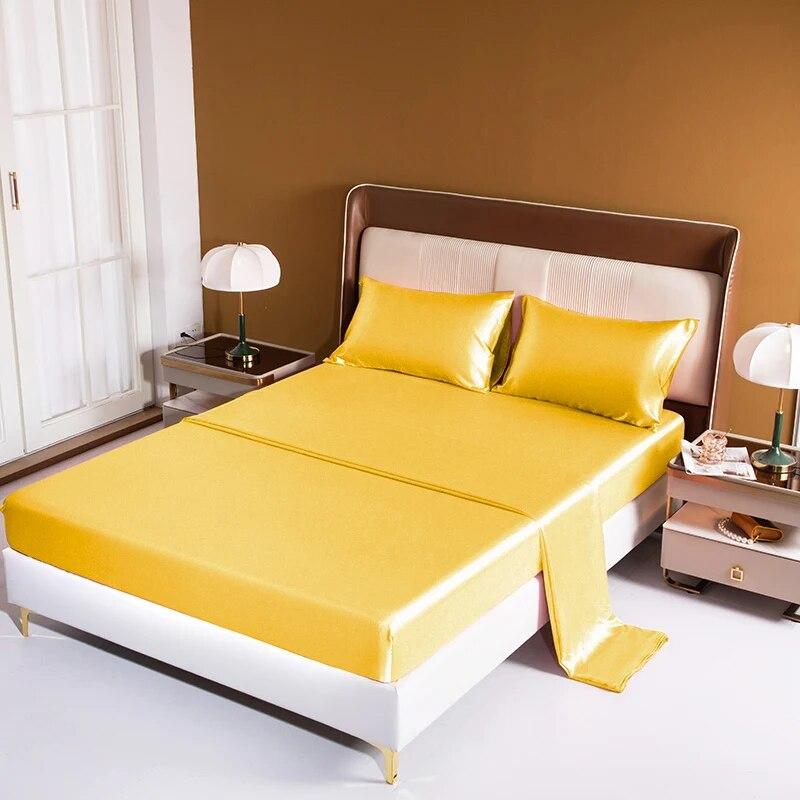 Luxury Satin Bed Sheet Set Rayon Fitted Sheet Height 35cm 21 Colors Optional  Flat Sheet Set Soild Color Bedding Set