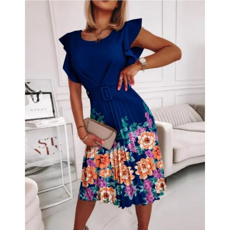 European & American Women's Ruffled Round Neck Dress with Printed Fitted Waist