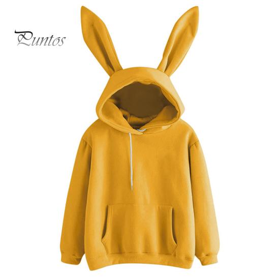 Winter Hooded Sweatshirt Women Fall Hoodie Bunny Ear Decor Solid Color Loose Long Sleeve Cold Weather Elastic Cuff Drawstring Soft Warm Casual