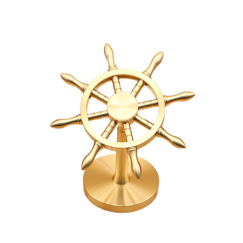Brass Ship's Wheel Ornament - Helmsman Navigator Desktop Decor Copper Craft Spinner