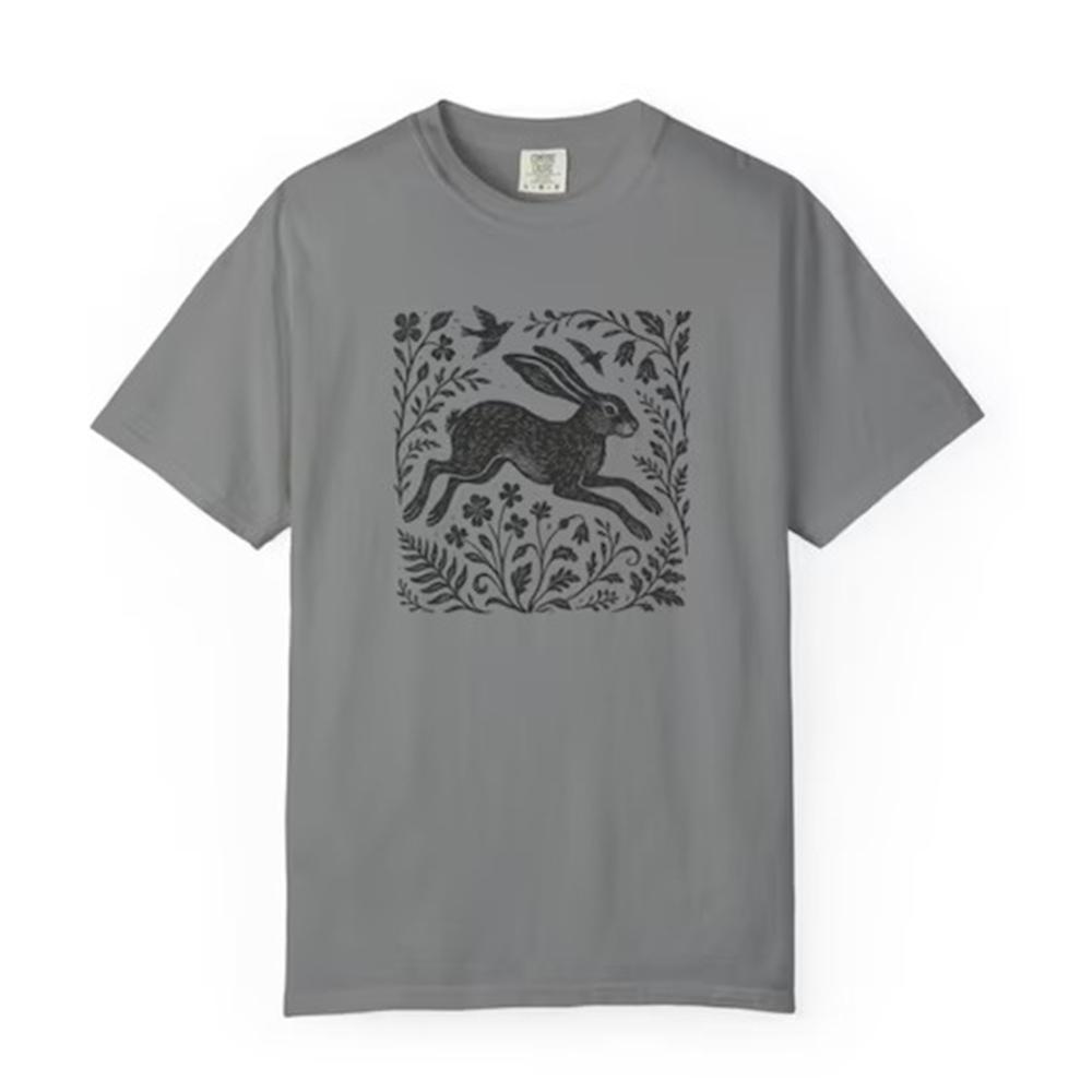 Vintage Wild Hare Linoprint Shirt Witchy Folk Art Forest Animal Naturecore Tee Dark Academia Unisex Y2K Casual Shirt Streetwear